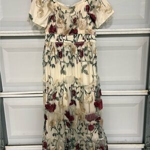 Polagram Floral Embroidered Maxi Dress - Cream, Red, Green